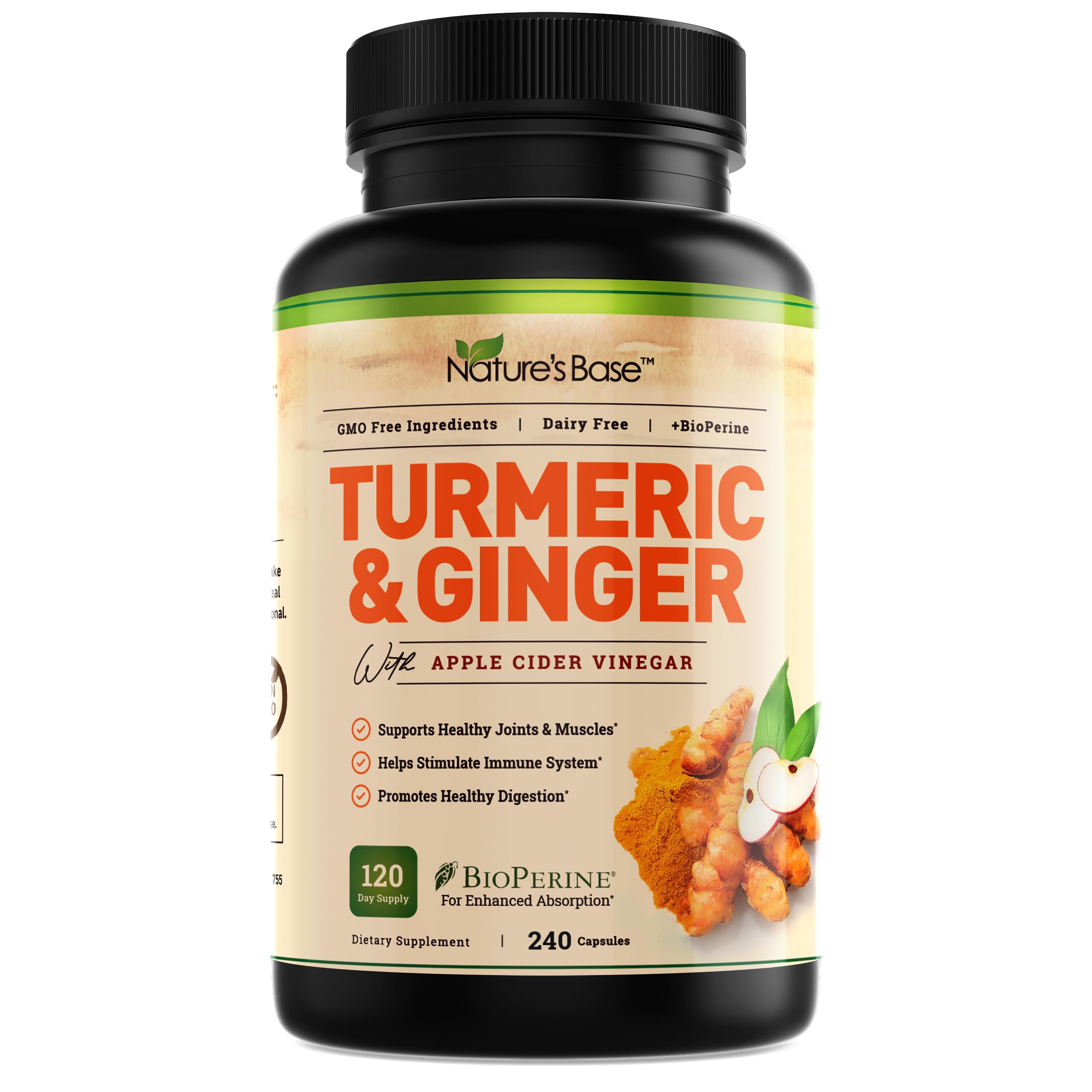 Nature's Base turmeric and ginger supplement bottle for daily wellness support.