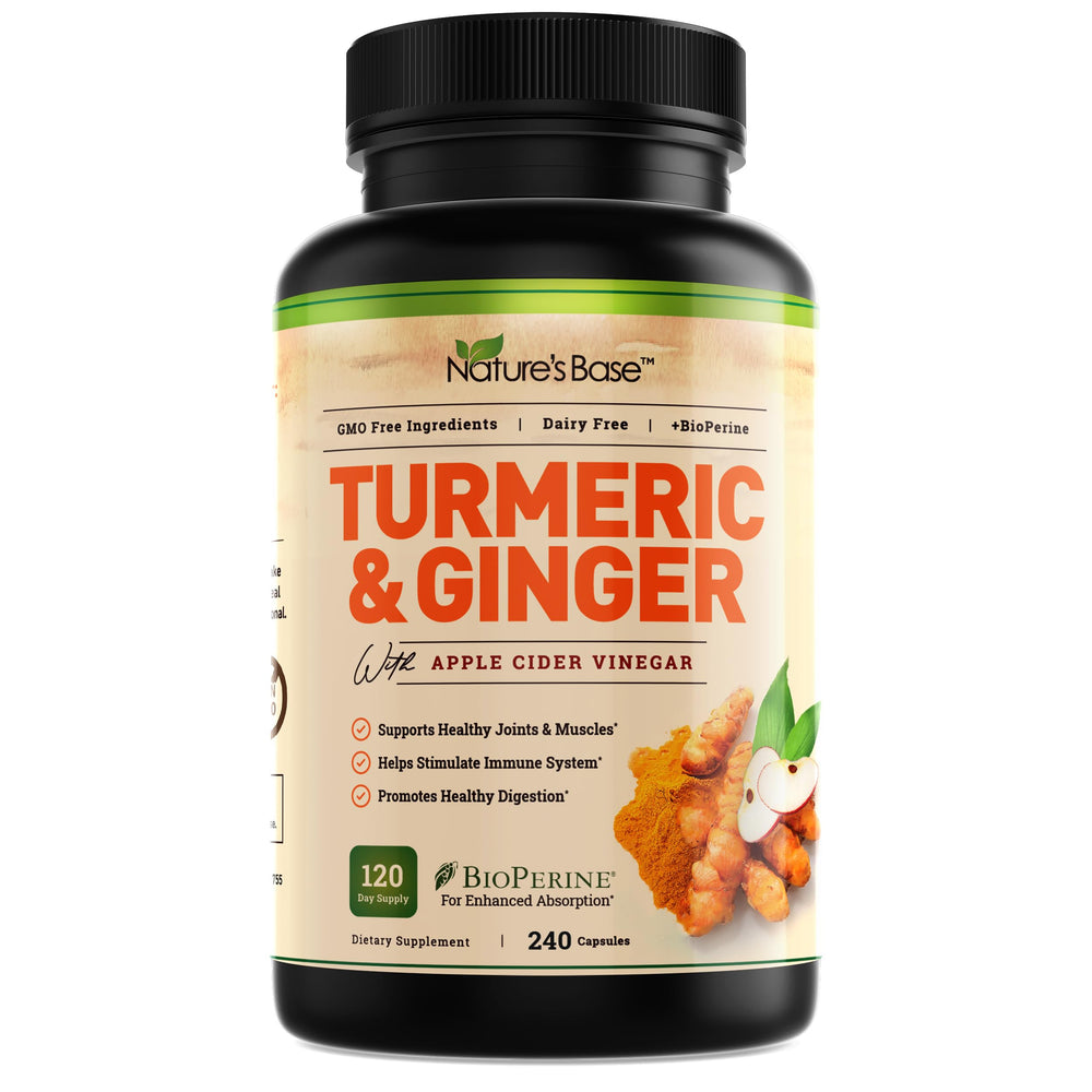 Nature's Base turmeric and ginger supplement bottle for daily wellness support.