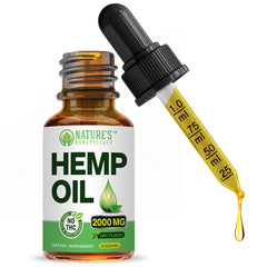 Nature's Beneficials Organic Hemp Oil Drops bottle shows 2000 mg formula for daily support.