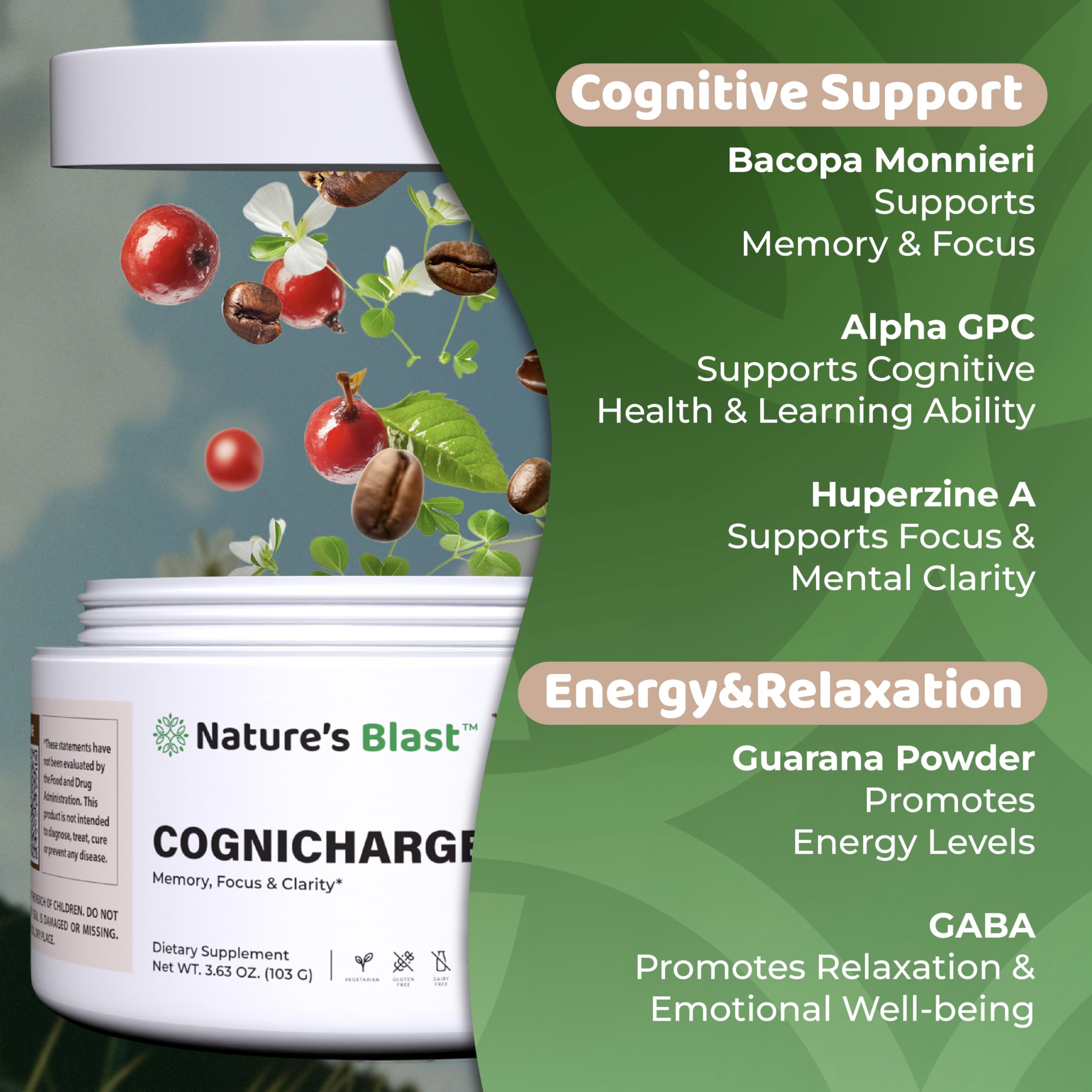 Guarana extract highlight for natural energy and focus in CogniCharge