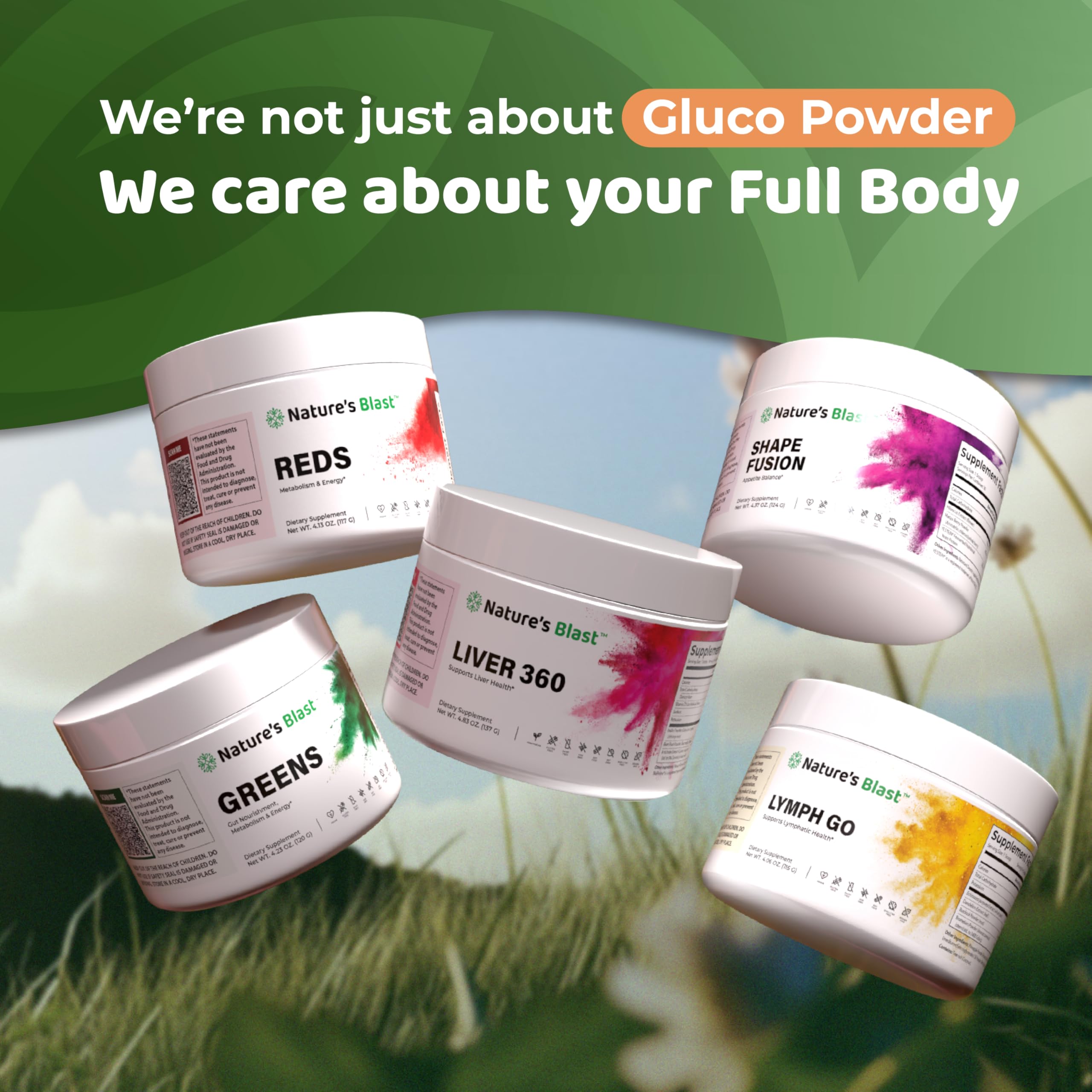 NATURES BLAST Gluco-Powder packaging supports on-the-go supplementation.