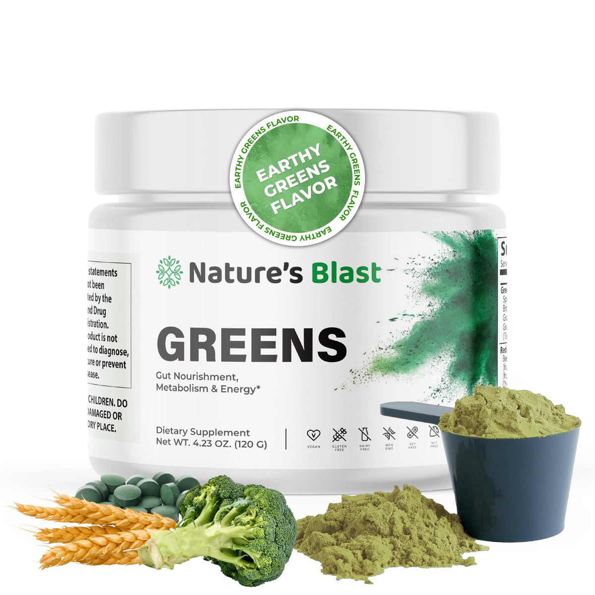NATURES BLAST Greens Superfood Powder bottle for daily energy and easy dosing.