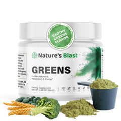 NATURES BLAST Greens Superfood Powder bottle for daily energy and easy dosing.