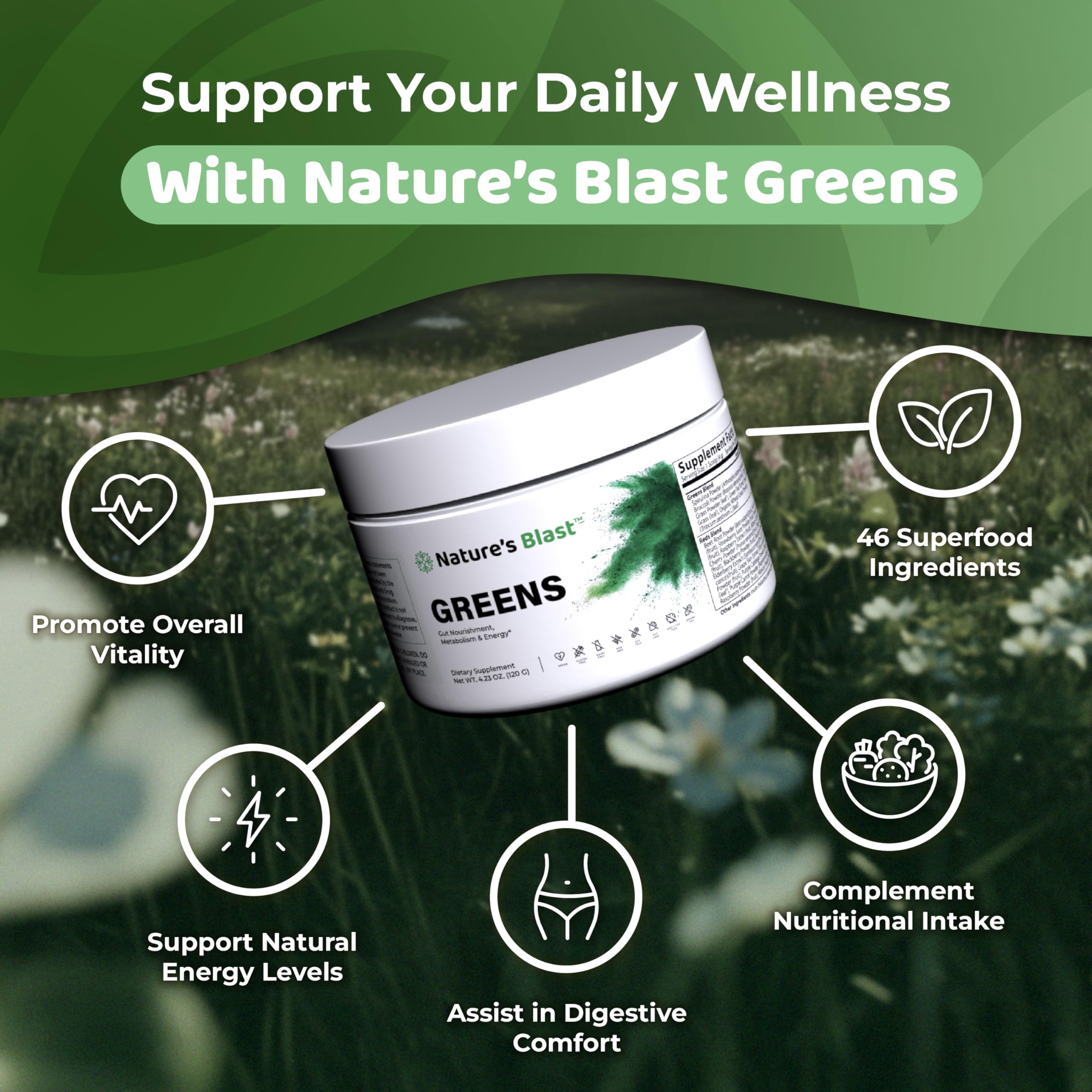 NATURES BLAST Greens Superfood Powder ingredients closeup highlights 46 nutrient sources.