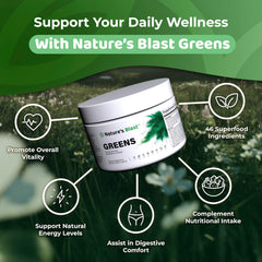 NATURES BLAST Greens Superfood Powder ingredients closeup highlights 46 nutrient sources.