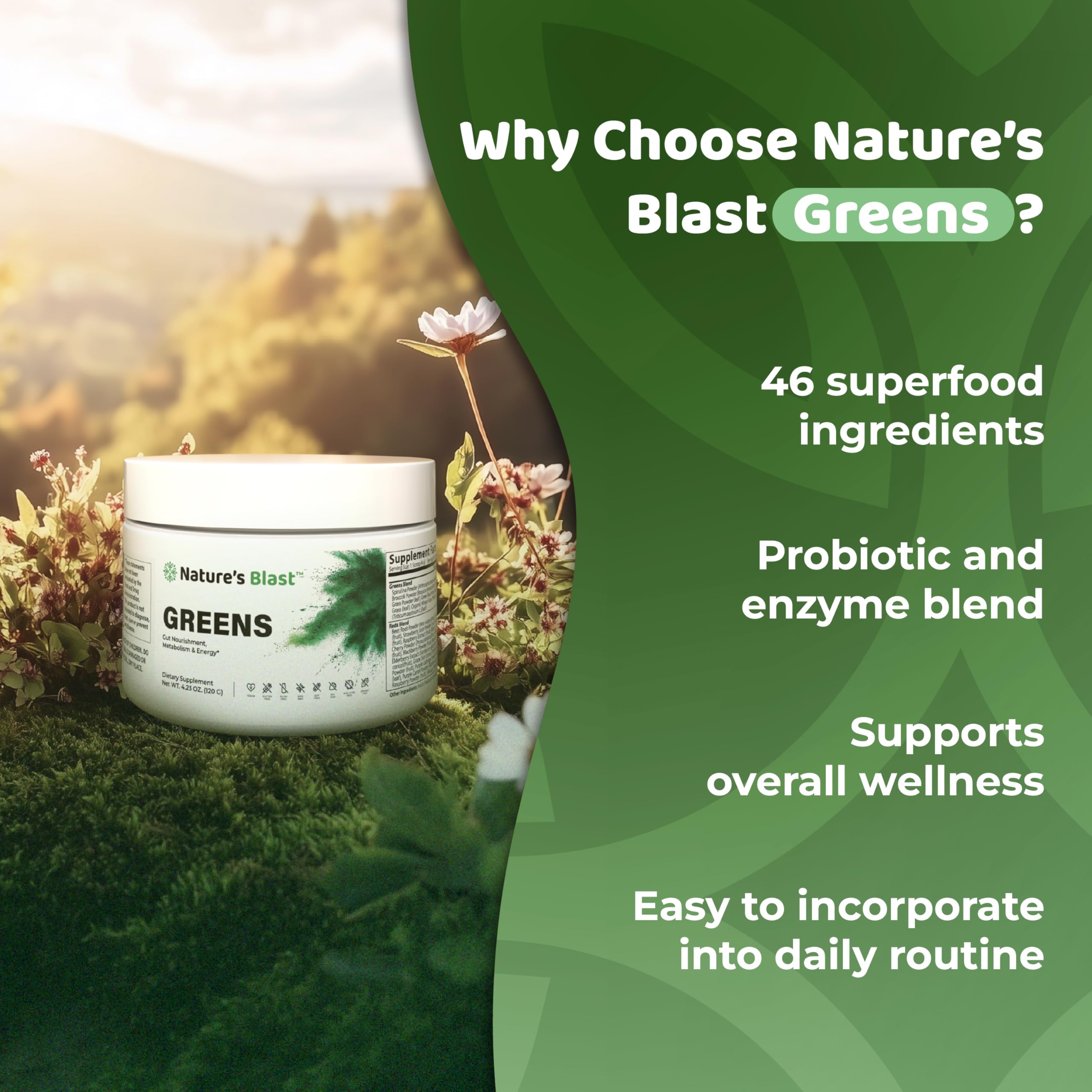 NATURES BLAST Greens Superfood Powder mixing in glass ready for a quick nutritional boost.