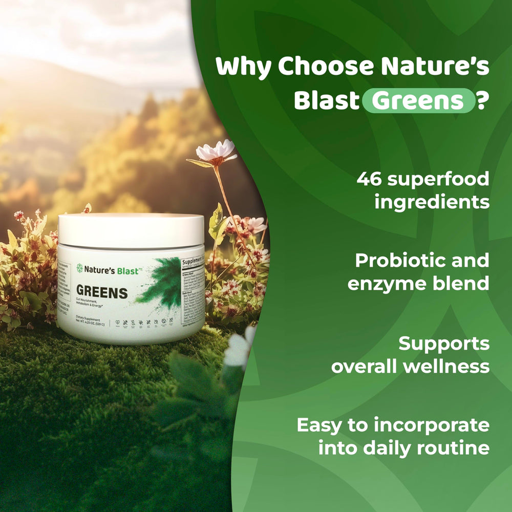 NATURES BLAST Greens Superfood Powder mixing in glass ready for a quick nutritional boost.
