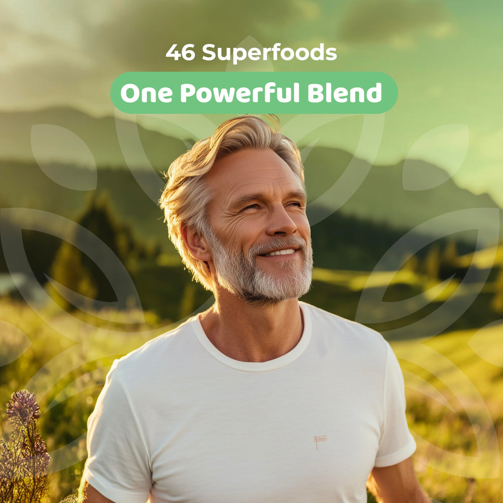 NATURES BLAST Greens Superfood Powder vegan gluten-free symbol emphasizes plant-based nutrition.