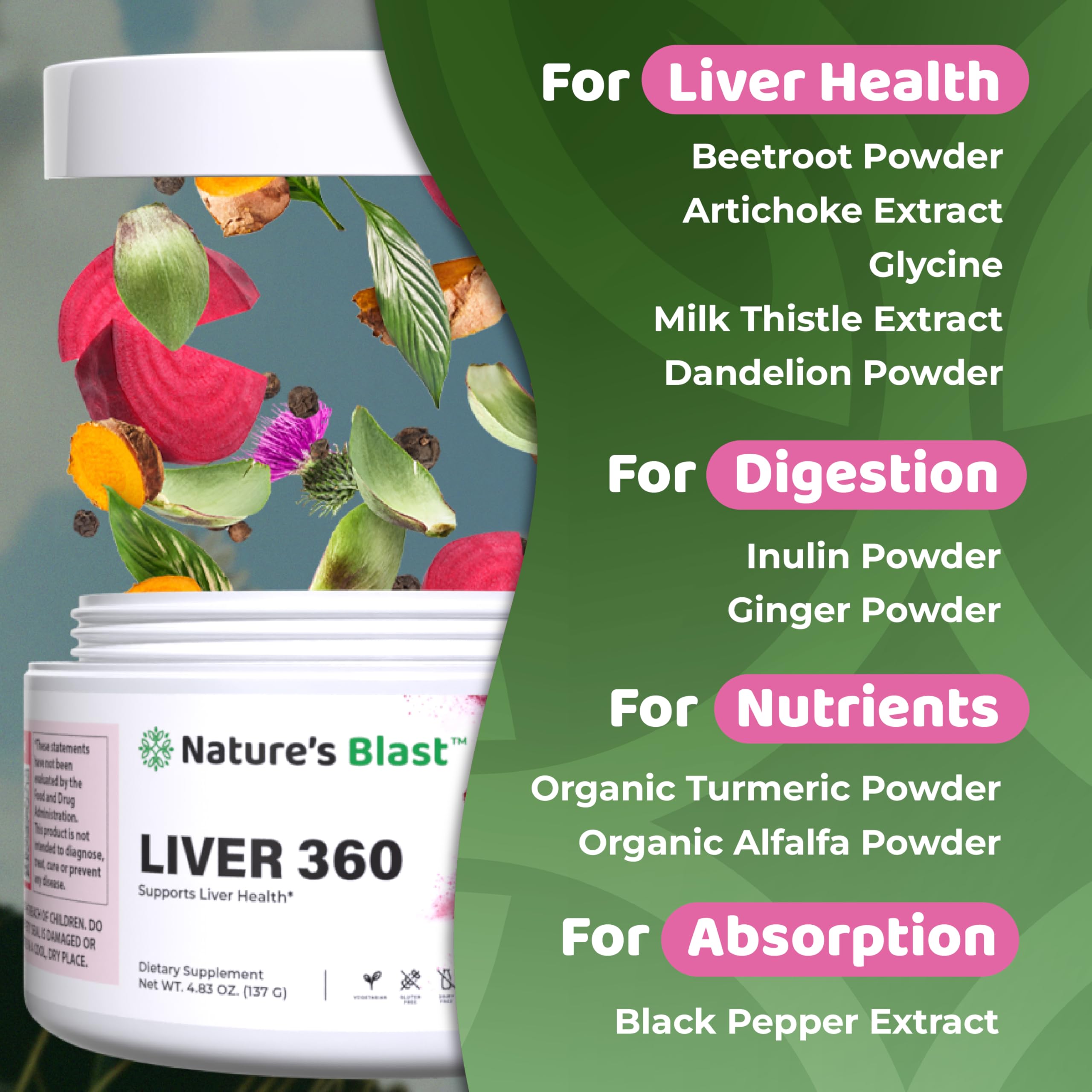 Nature's Blast Liver 360 packaging proudly made in USA.