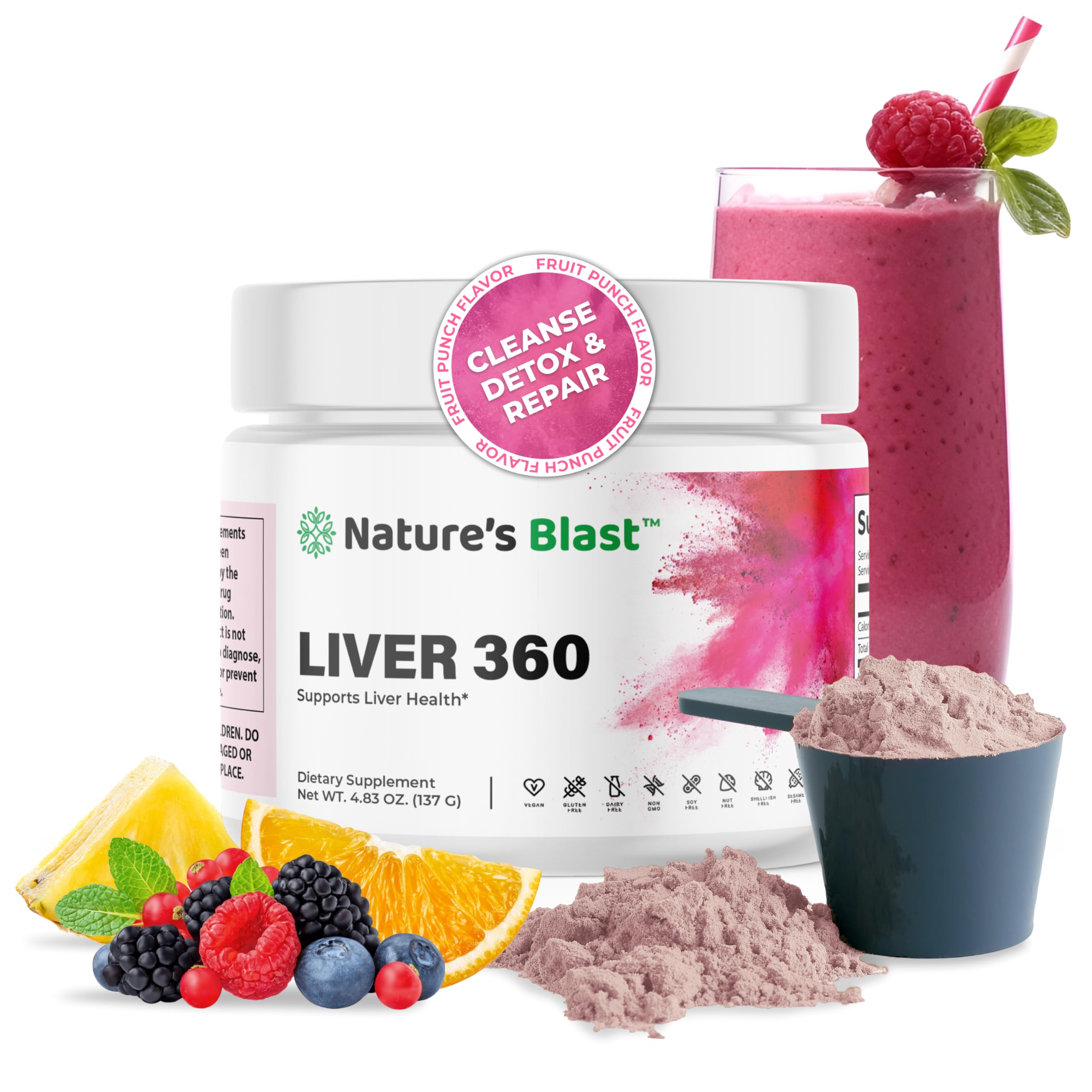 Nature's Blast Liver 360 tub highlights a powerful liver support powder for daily use.
