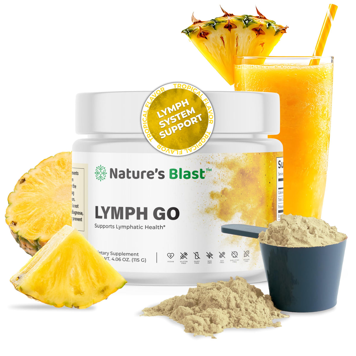 NATURES BLAST Lymph Go bottle-front highlighting tropical blend for everyday lymph support