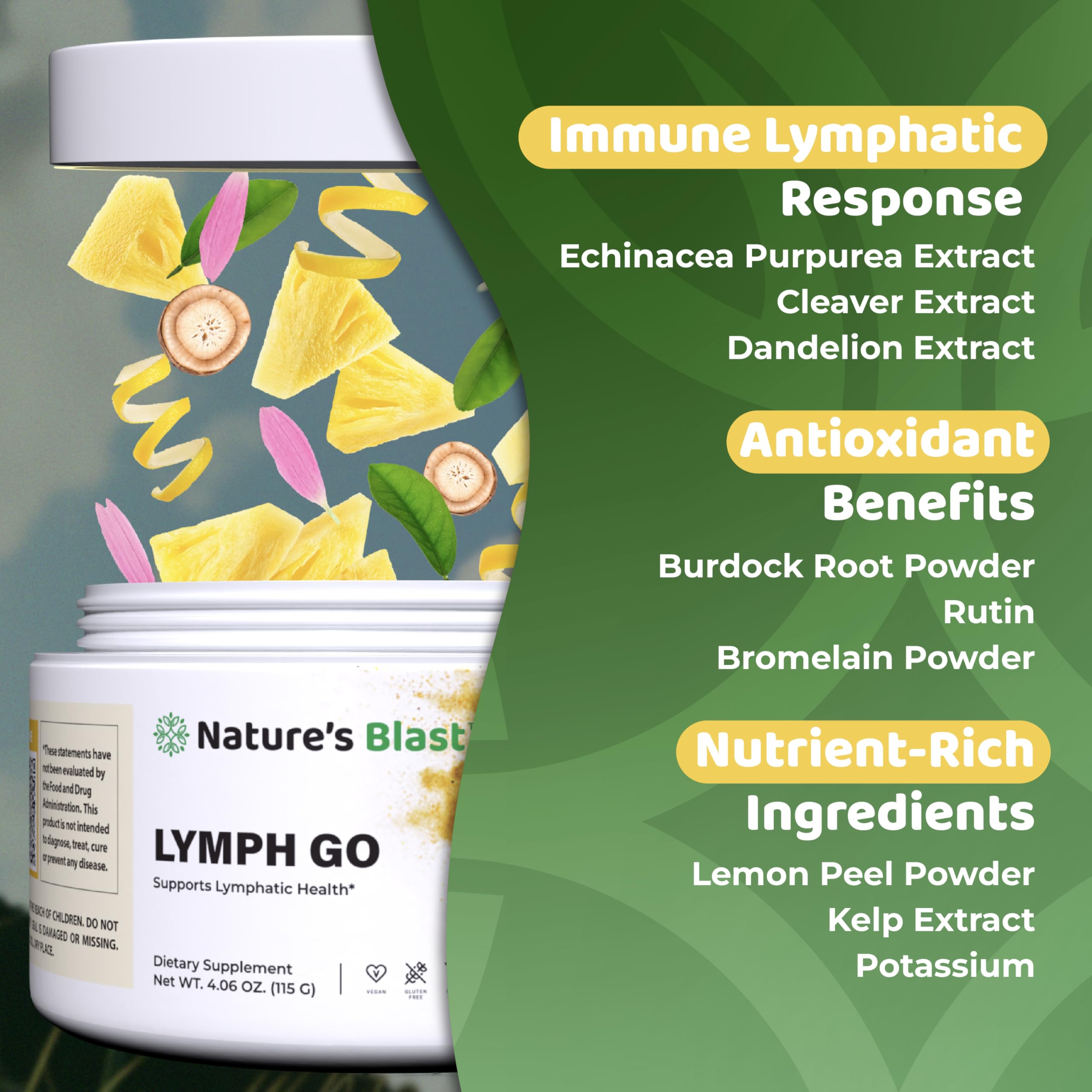 NATURES BLAST Lymph Go ingredients panel showcasing echinacea, dandelion, burdock and bromelain notes