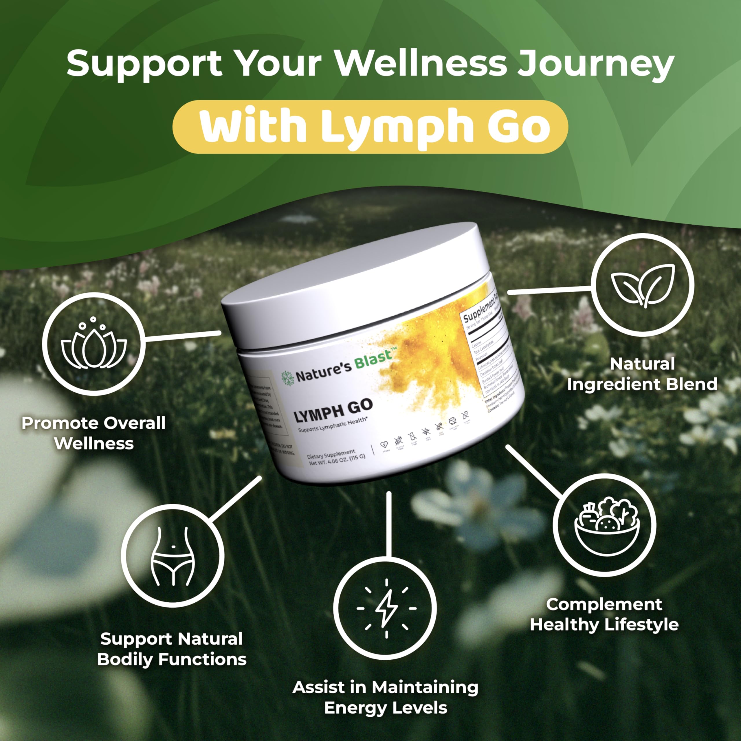 NATURES BLAST Lymph Go label closeup emphasizing clean ingredients and tropical flavor