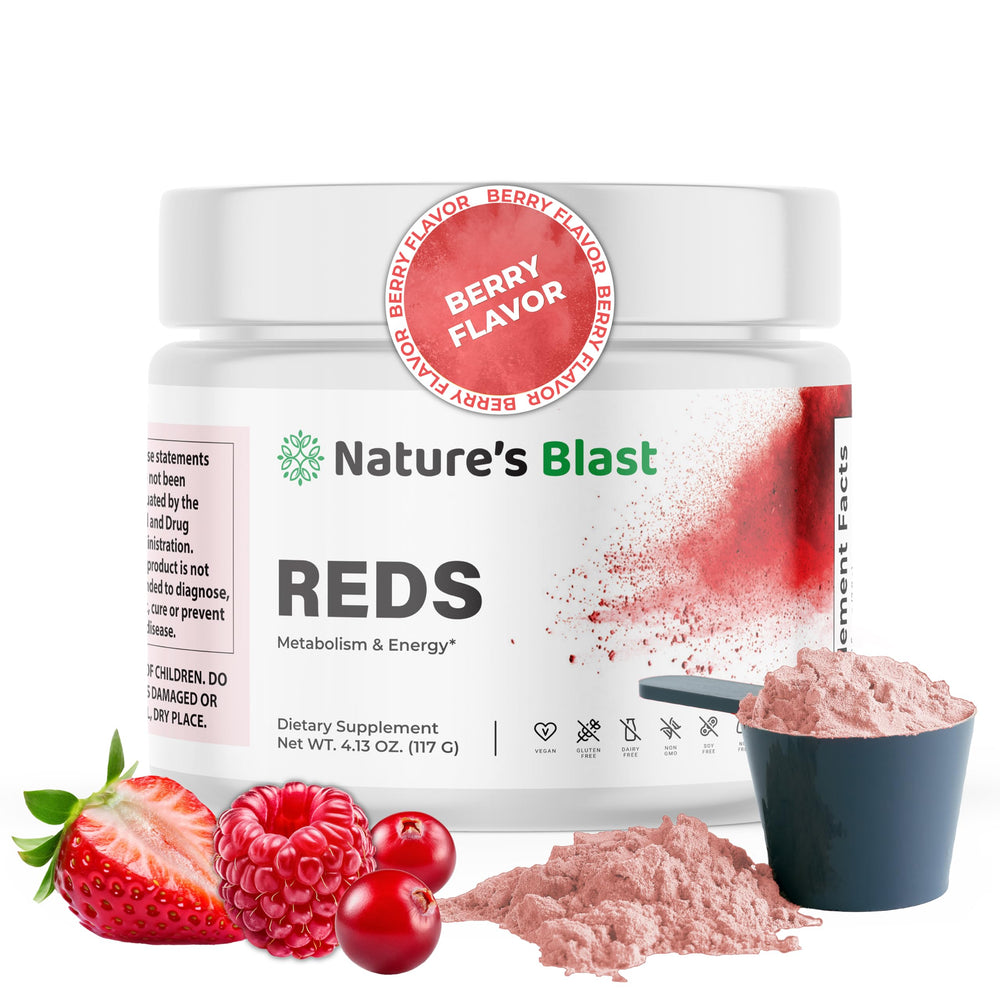 NATURES BLAST Reds bottle-pour shows a berry-rich energy blend