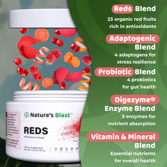 NATURES BLAST Reds glass-jar-served suggests a refreshing wellness drink