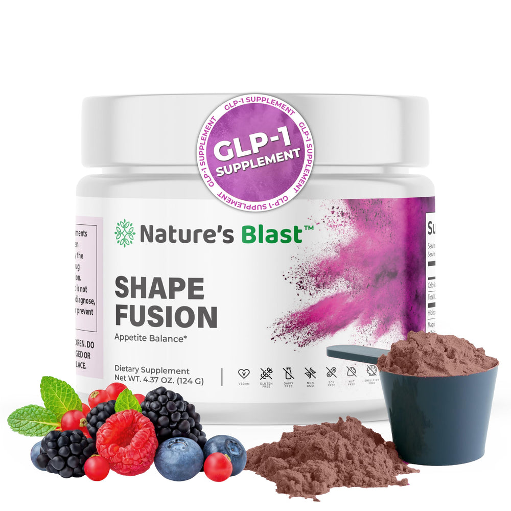 NATURES BLAST Shape Fusion bottle closeup highlighting GLP-1 inspired formula for daily wellness.