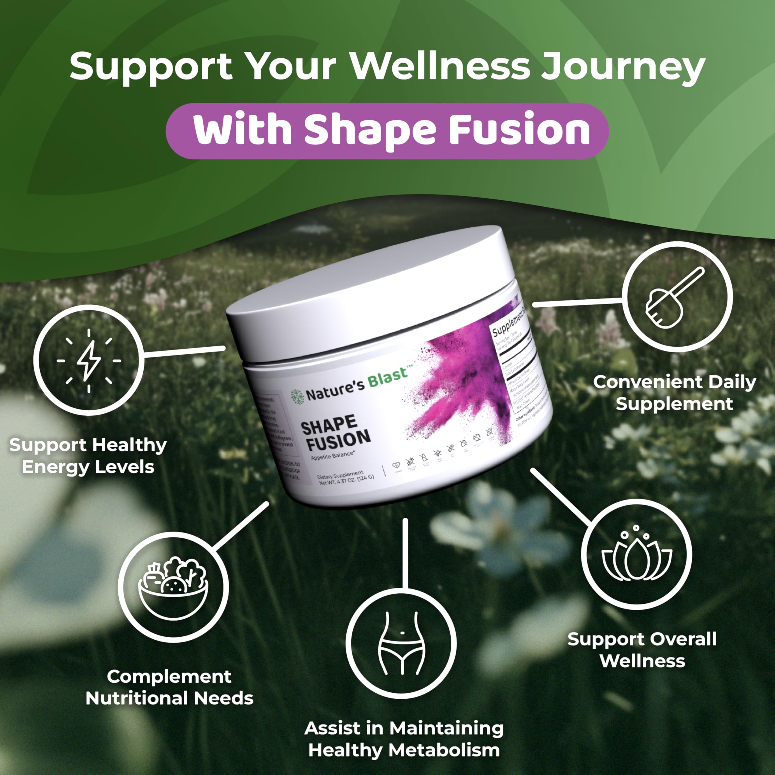 NATURES BLAST Shape Fusion label detail showcases cinnamon and mango extract.