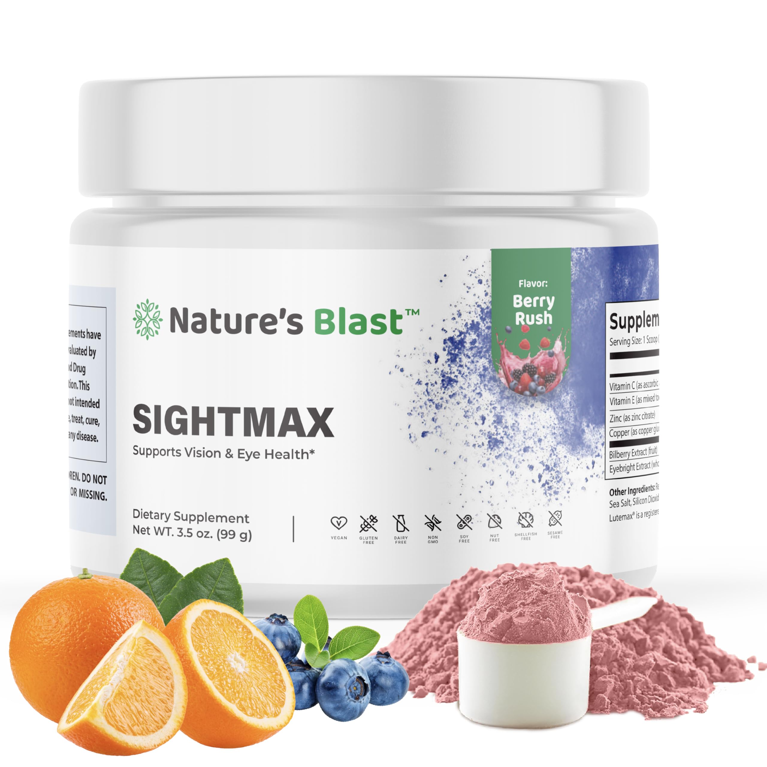 NATURES BLAST SightMax eye health bottle with Berry Rush formula highlights daily use.
