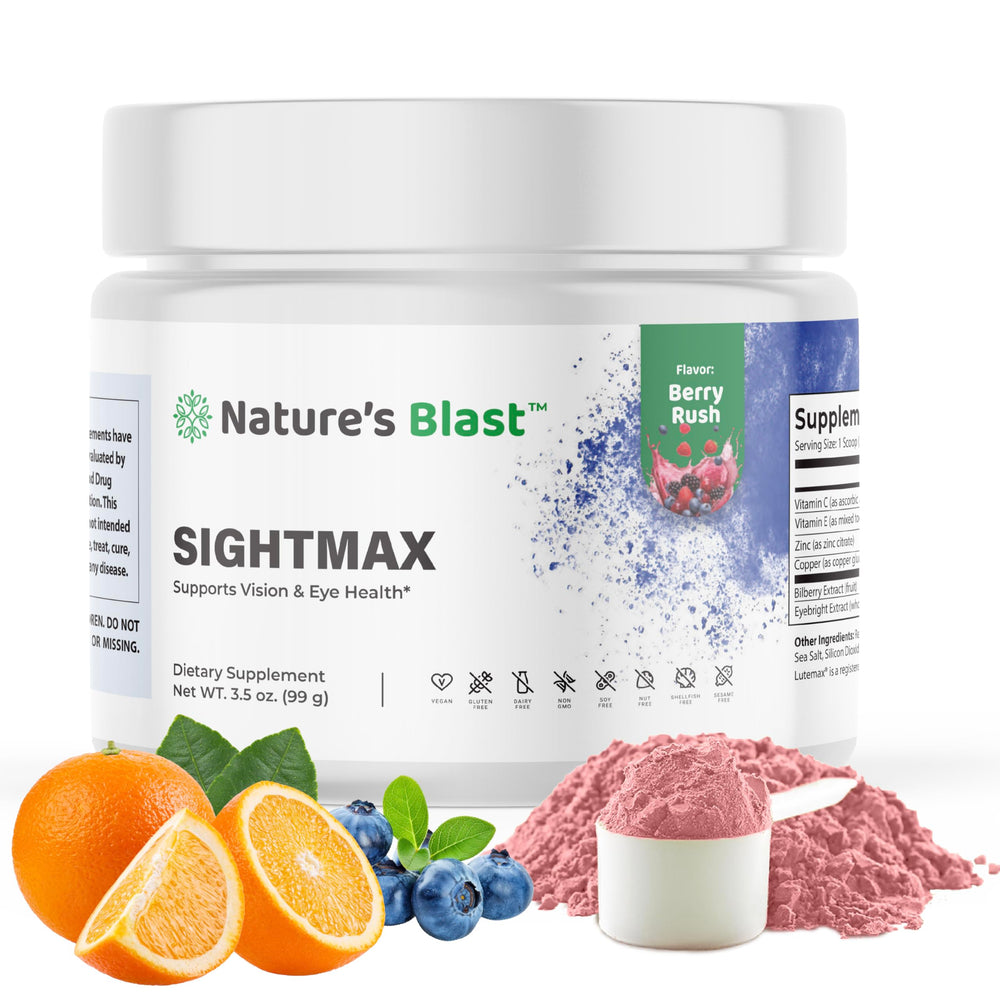 NATURES BLAST SightMax eye health bottle with Berry Rush formula highlights daily use.