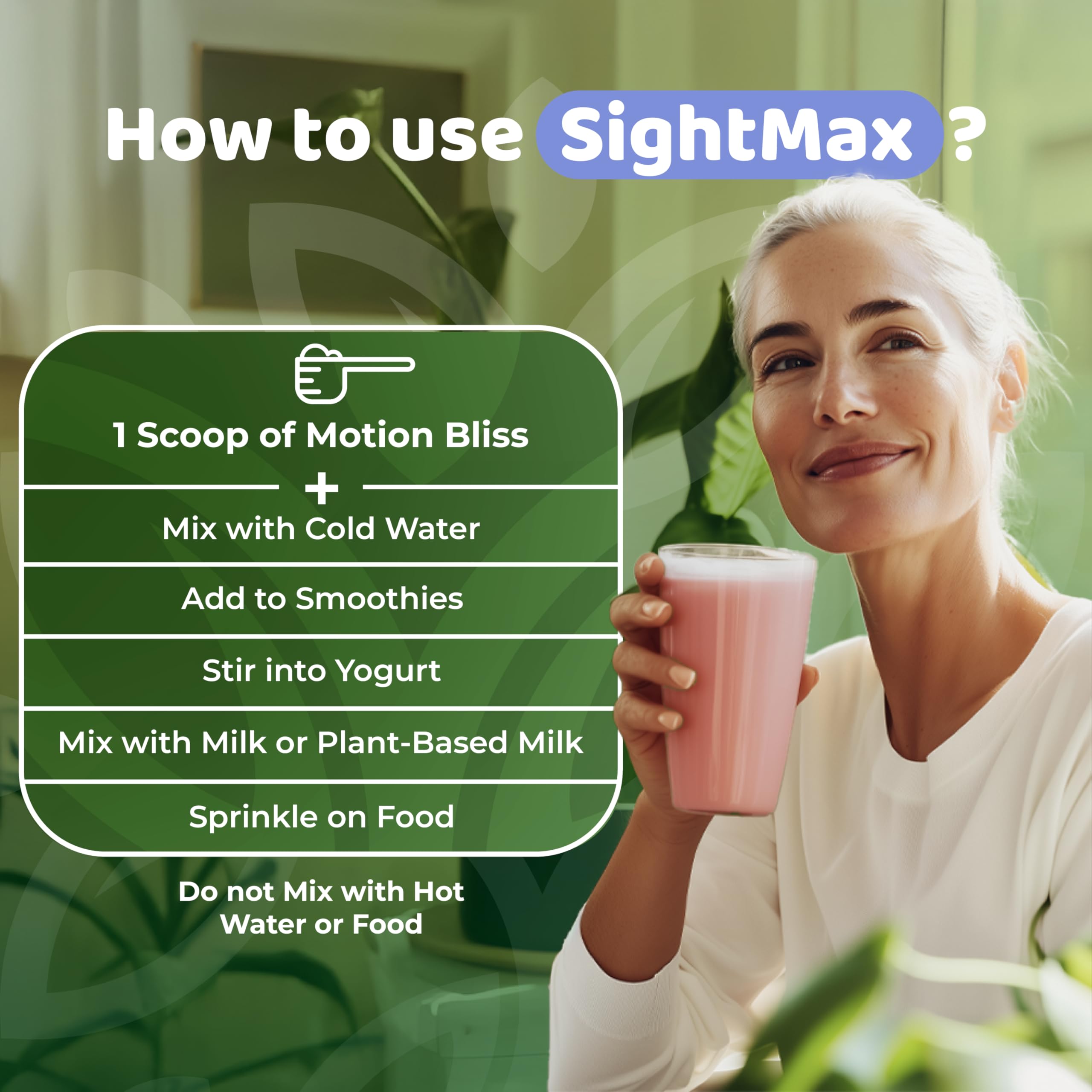 Lutein and zeaxanthin visuals in SightMax signify antioxidant support for vision.