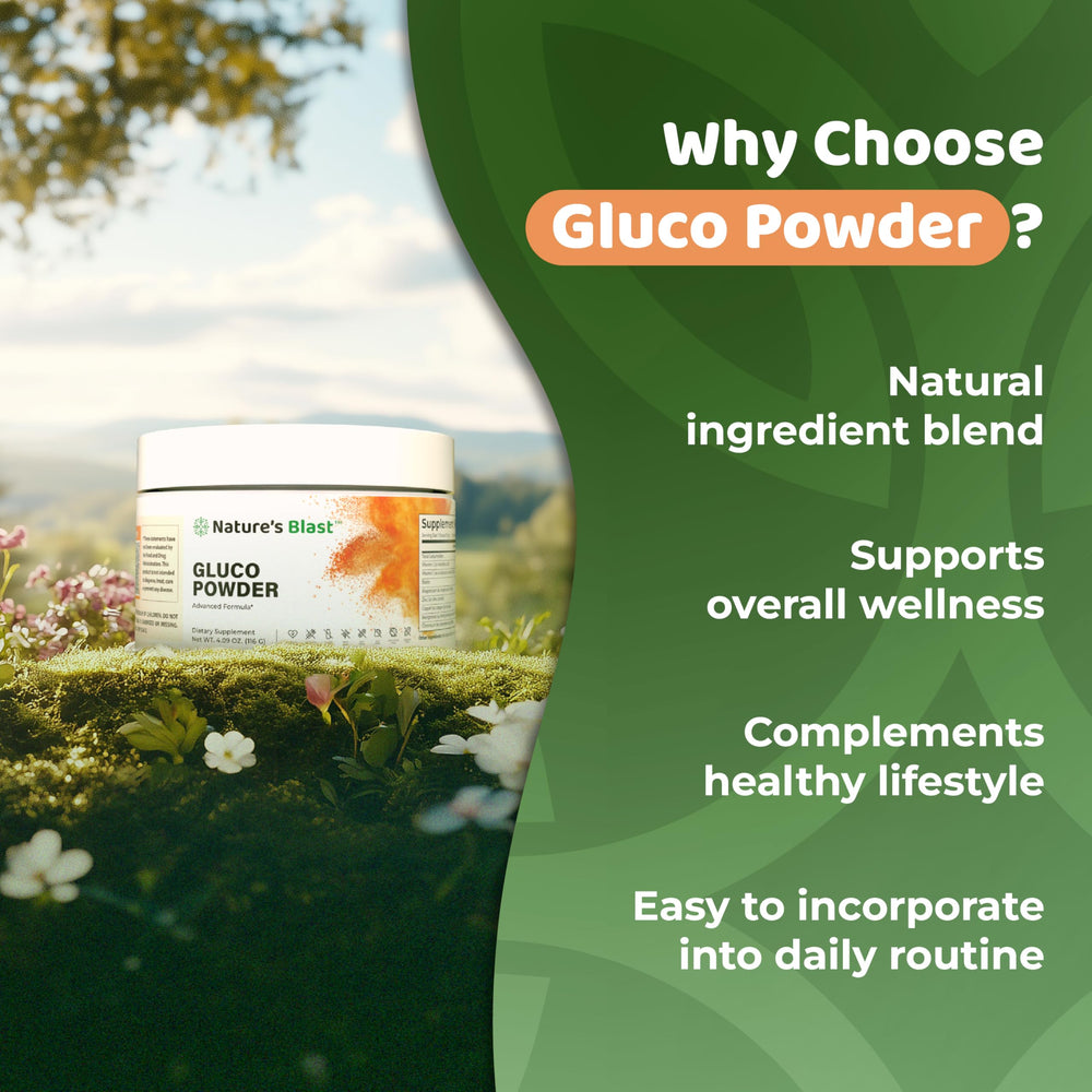NATURES BLAST Gluco-Powder with mulberry extract signals natural wellness.