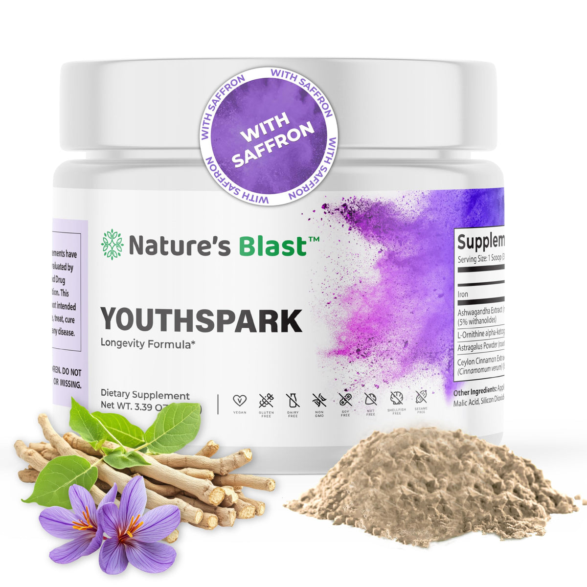 NATURES BLAST YouthSpark bottle-front showcases convenient daily use for longevity support.