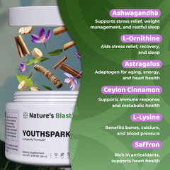 NATURES BLAST YouthSpark vegan-non-gmo seal shown on label for clean ingredients.