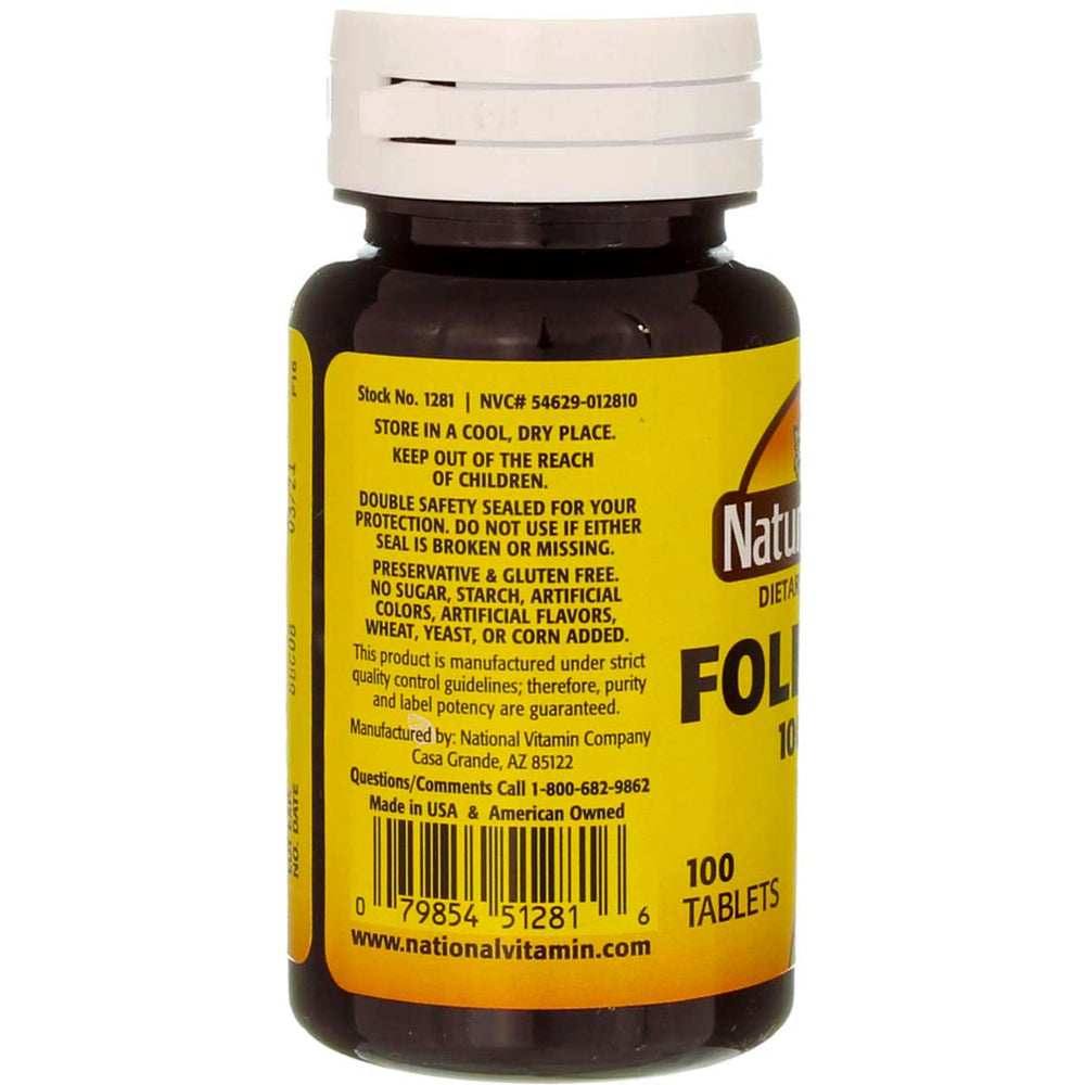 Nature's Blend Folic Acid 4-pack packaging displayed on a kitchen counter.