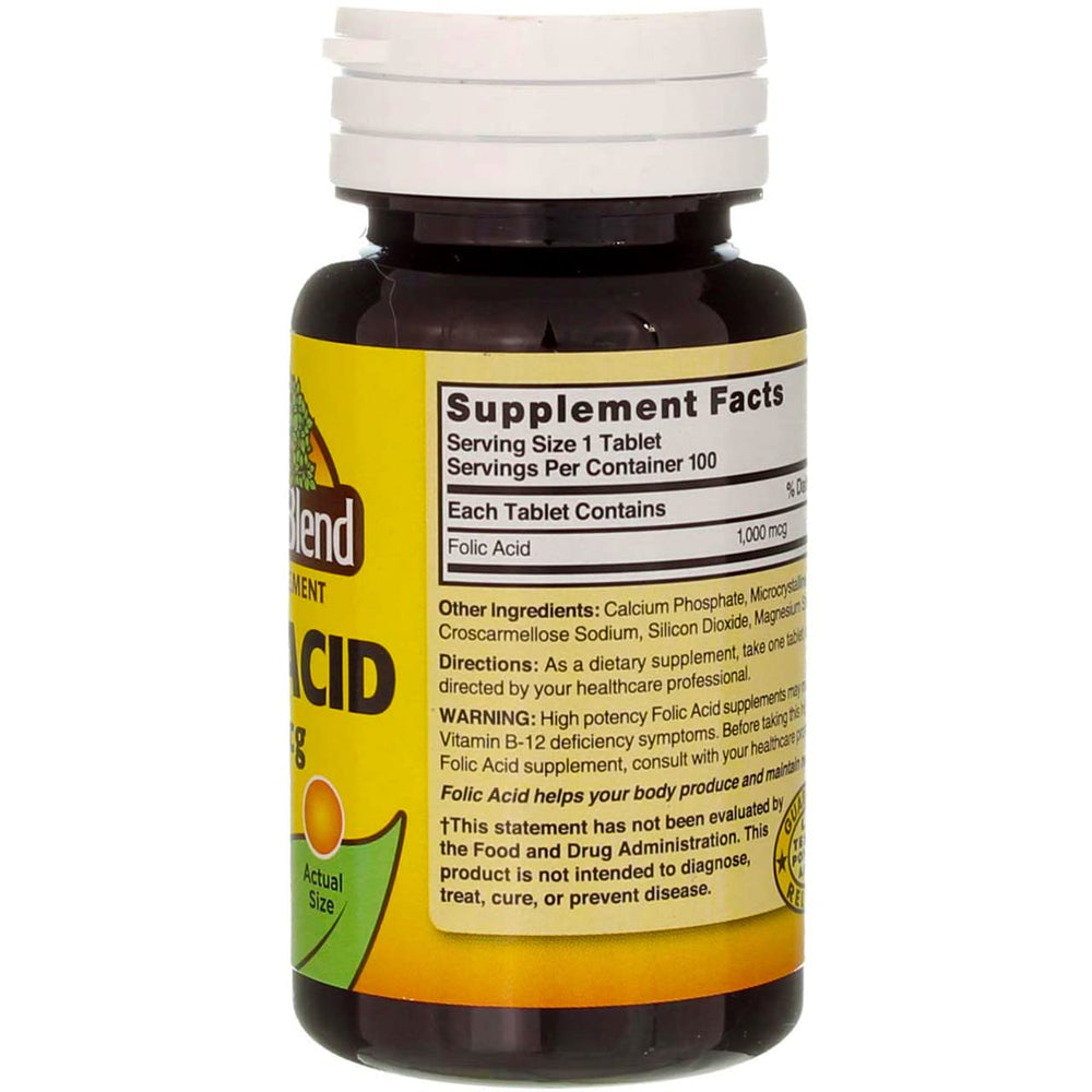 Nature's Blend Folic Acid bottle open with visible tablets for easy dosing.