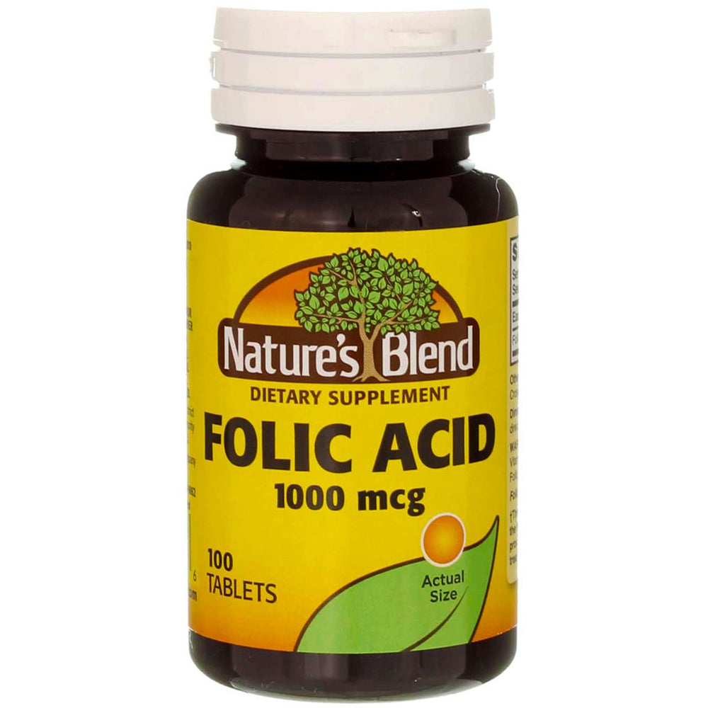 Nature's Blend Folic Acid bottle side view highlighting durable packaging for daily use.