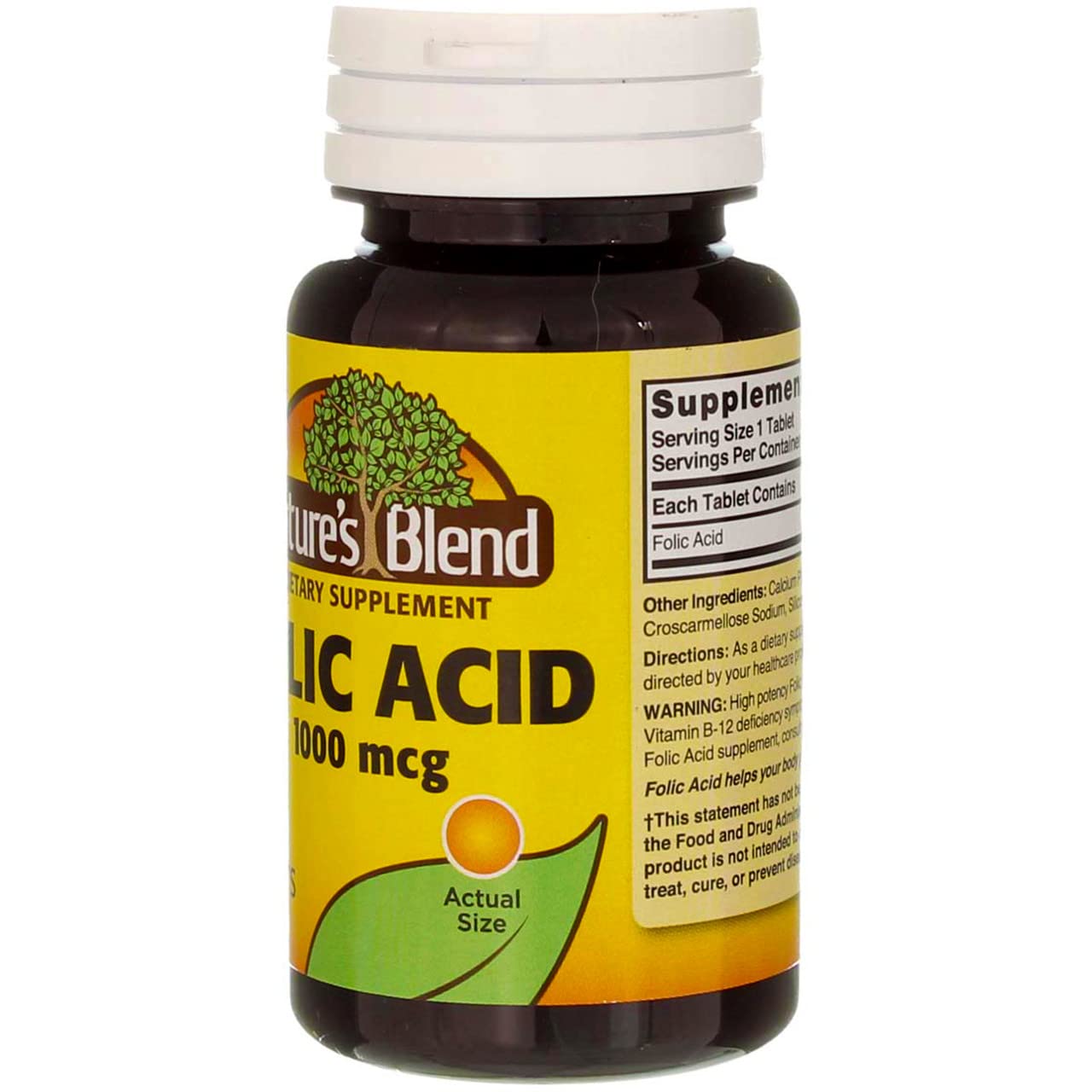 Nature's Blend Folic Acid label indicating 1000mcg per tablet and directions.