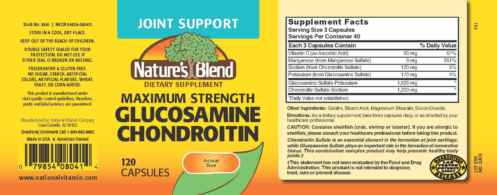 Close-up of Nature's Blend glucosamine chondroitin capsules for easy swallowing