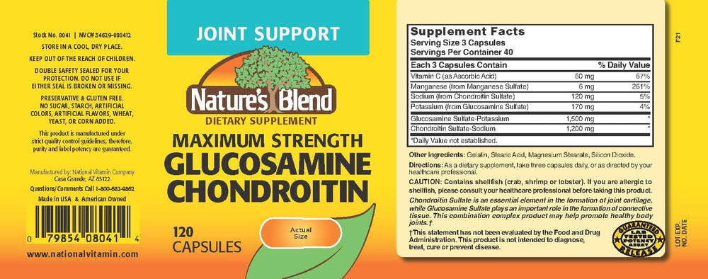 Close-up of Nature's Blend glucosamine chondroitin capsules for easy swallowing