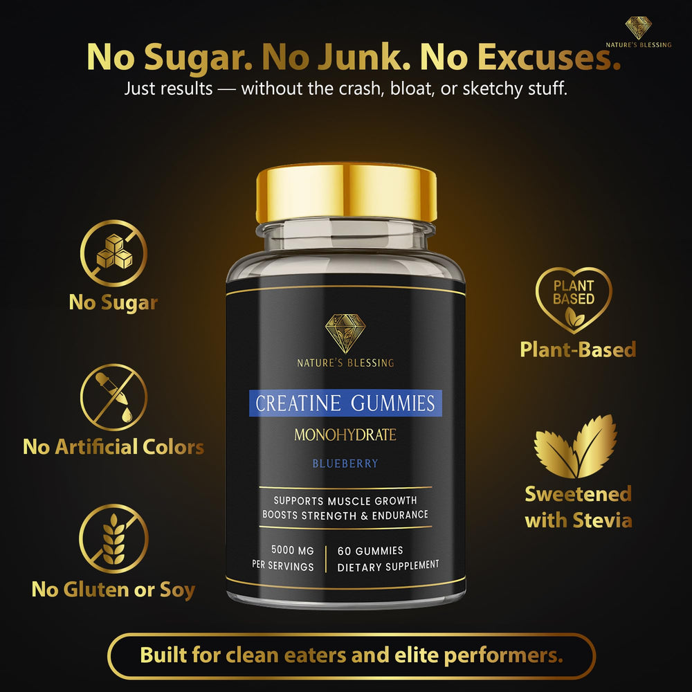 Nature's Blessing Creatine Gummies recovery focus hints at quicker post-workout recovery.