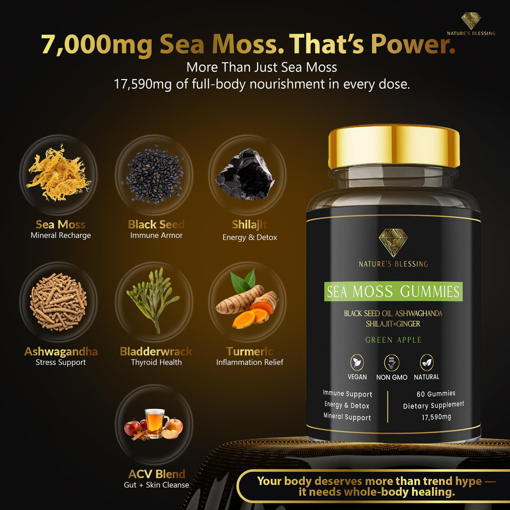 Nature's Blessing sea moss gummies bottle side showing vegan, non-GMO formula.