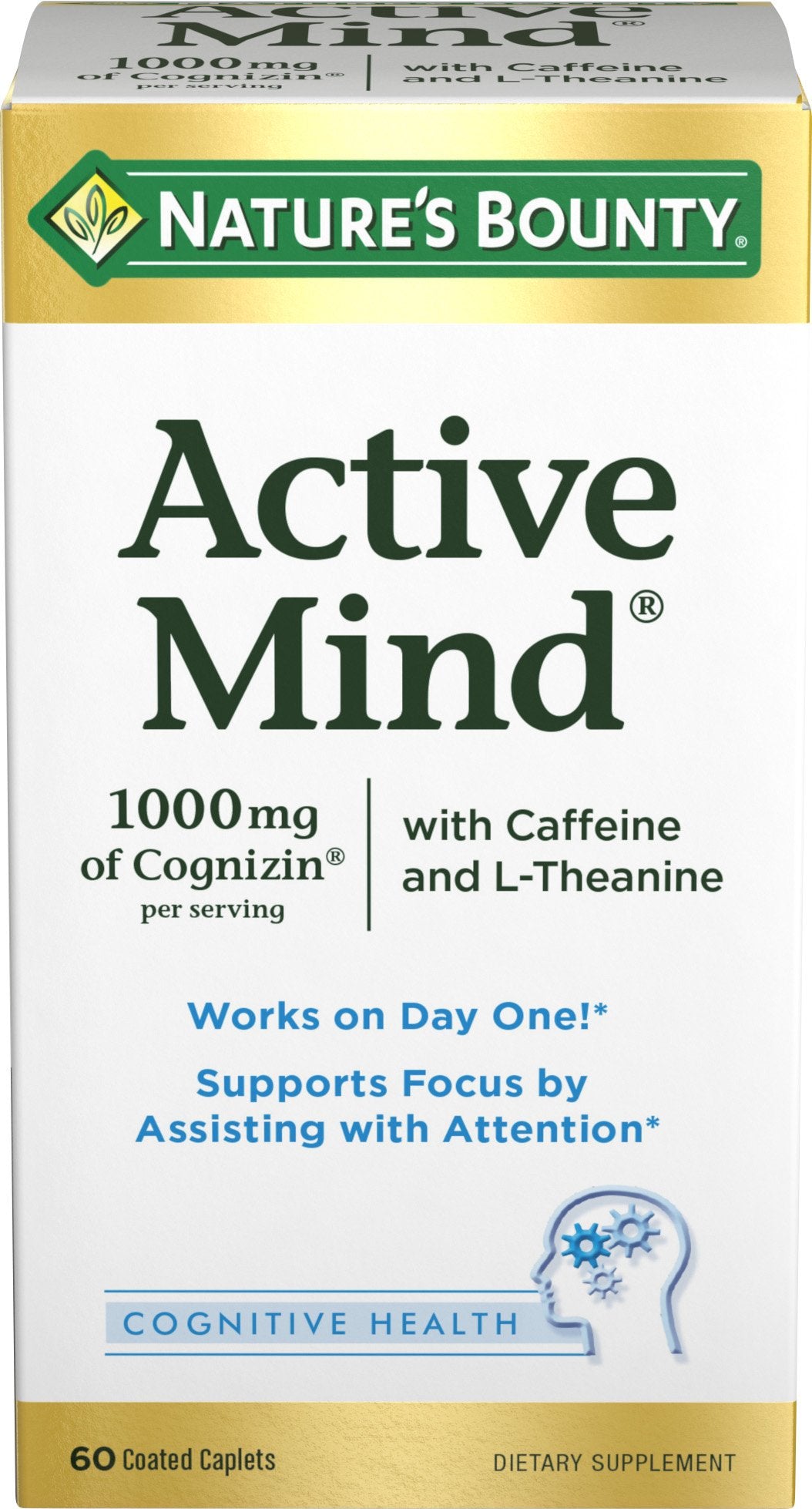 Nature's Bounty Active Mind bottle pouring to show quick focus support during daily tasks.