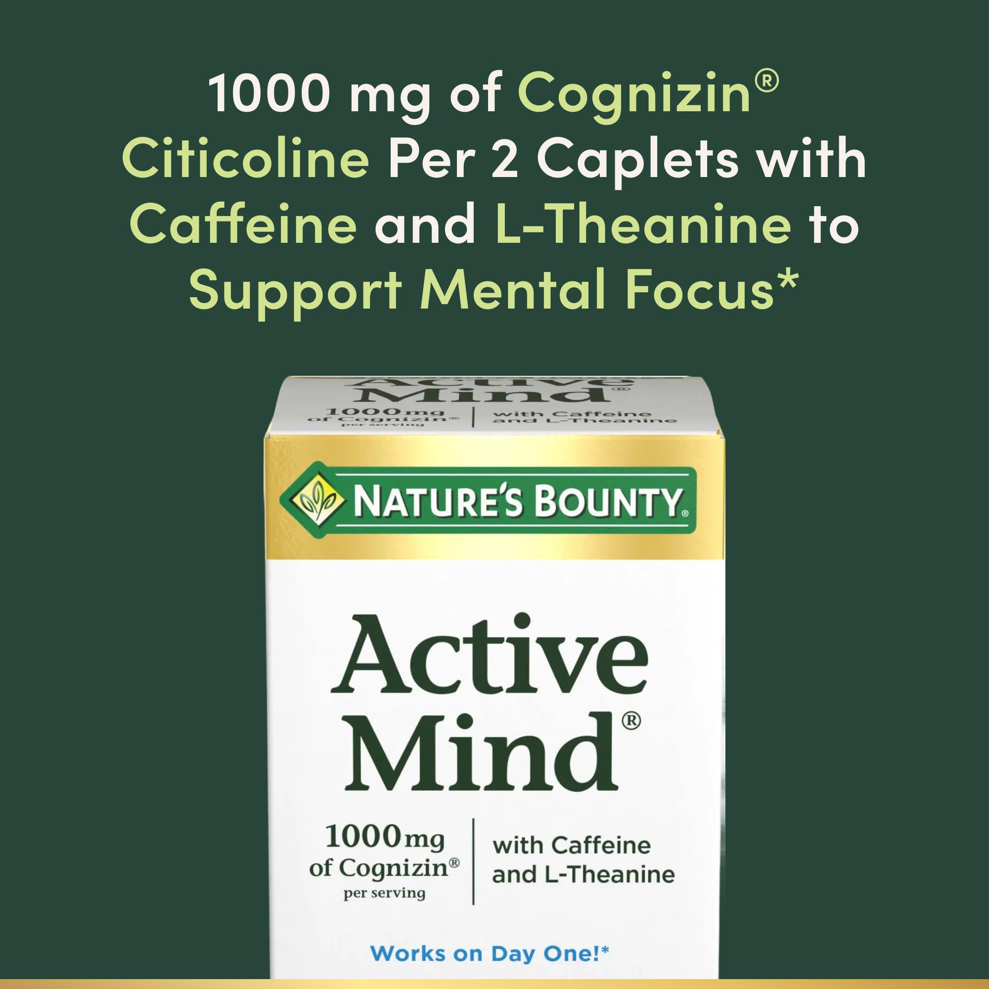 Nature's Bounty Active Mind tablet closeup shows Cognizin and caffeine blend.