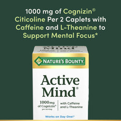 Nature's Bounty Active Mind tablet closeup shows Cognizin and caffeine blend.