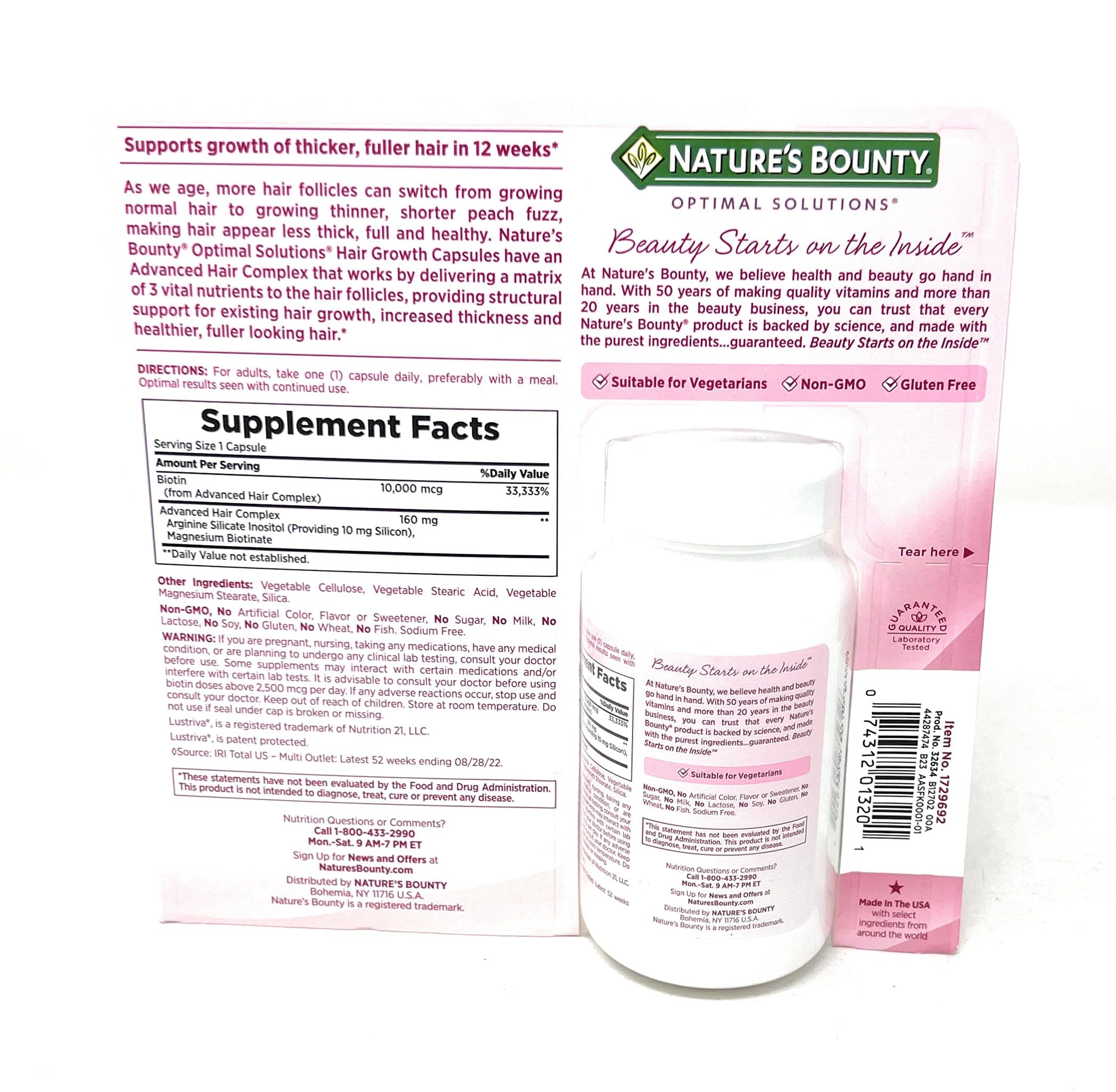 Nature's Bounty Advanced Hair Complex graphic highlights key nutrients.