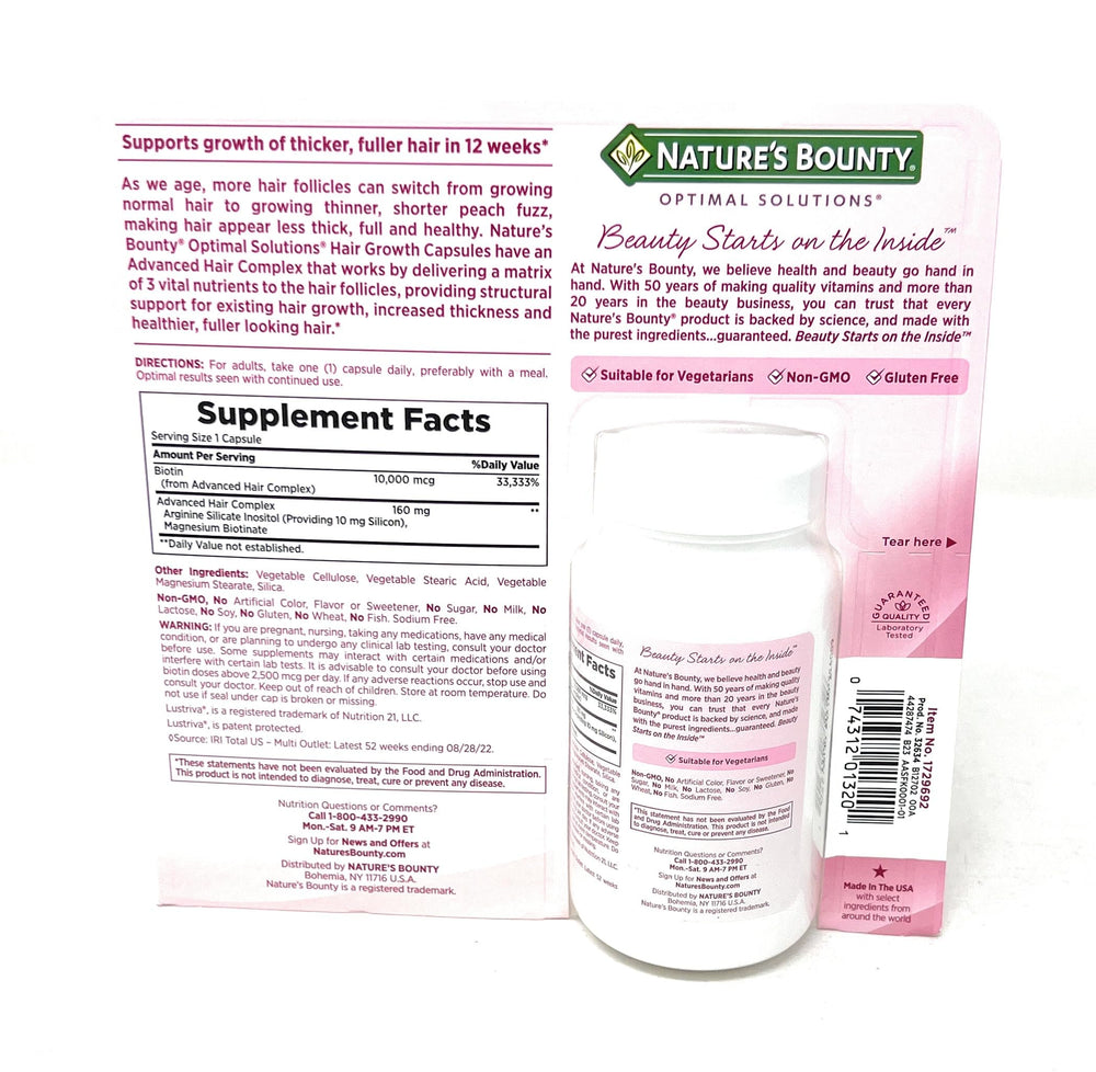 Nature's Bounty Advanced Hair Complex graphic highlights key nutrients.