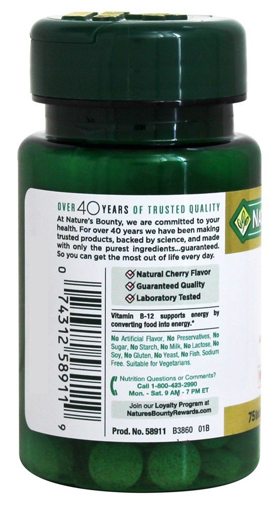 Nature's Bounty B12 cherry flavor tablets served, convenient daily use for busy lifestyles.