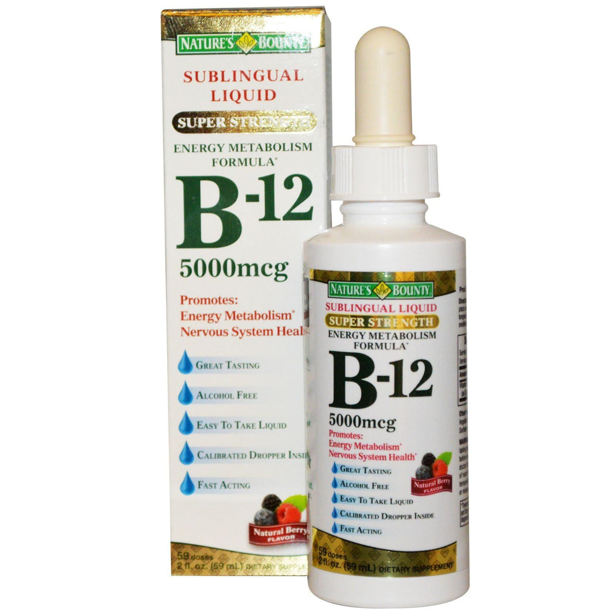 Nature's Bounty B12 sublingual liquid bottle with dropper supports energy metabolism and convenient dosing.