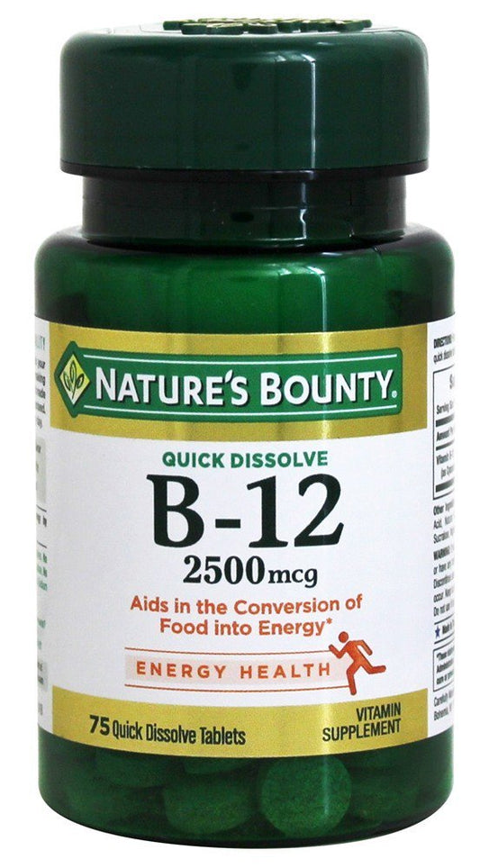 Nature's Bounty B12 sublingual bottle with cherry flavor supports energy metabolism.