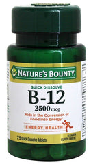 Nature's Bounty B12 sublingual bottle with cherry flavor supports energy metabolism.
