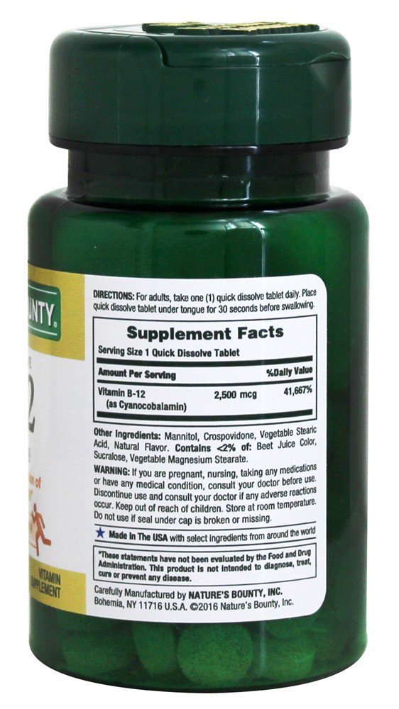 Nature's Bounty B12 sublingual tablets close-up highlighting quick dissolving action.