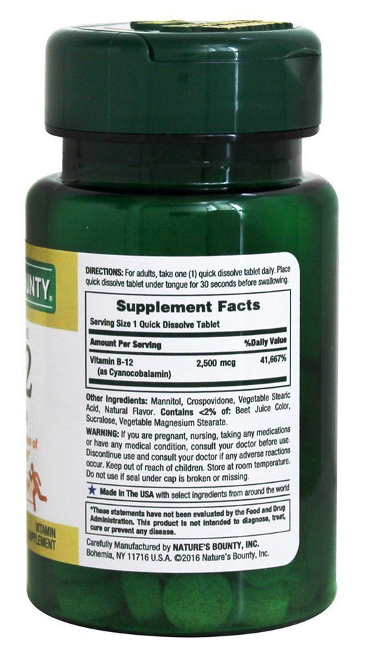 Nature's Bounty B12 sublingual tablets close-up highlighting quick dissolving action.