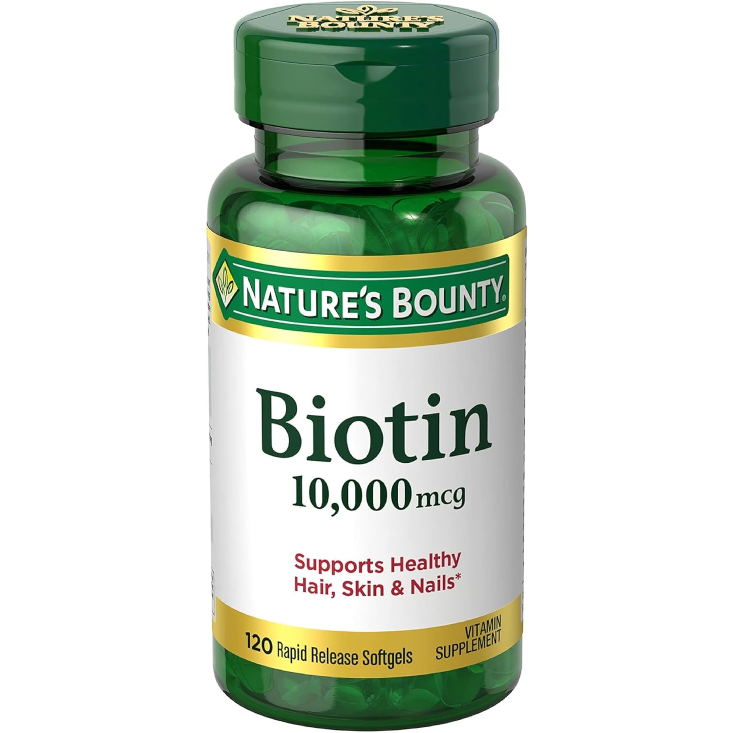 Nature's Bounty Biotin 10,000 mcg softgels bottle front for hair, skin, and nails health