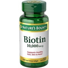 Nature's Bounty Biotin 10,000 mcg softgels bottle front for hair, skin, and nails health