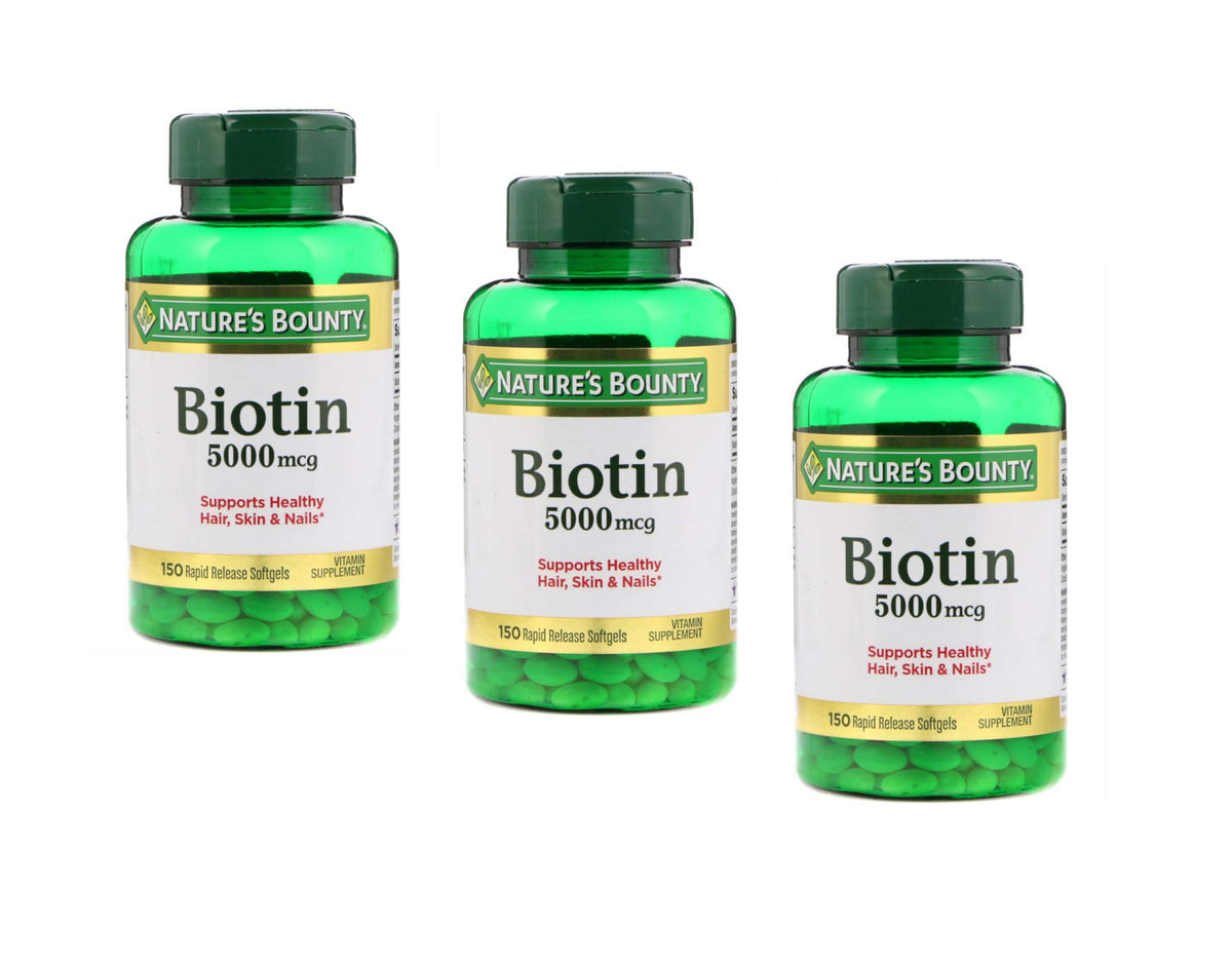 Nature's Bounty Biotin 5000mcg bottle pour supports daily hair and nails.