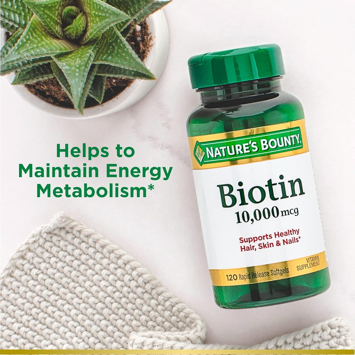 Nature's Bounty Biotin softgels closeup showing rapid-release capsules